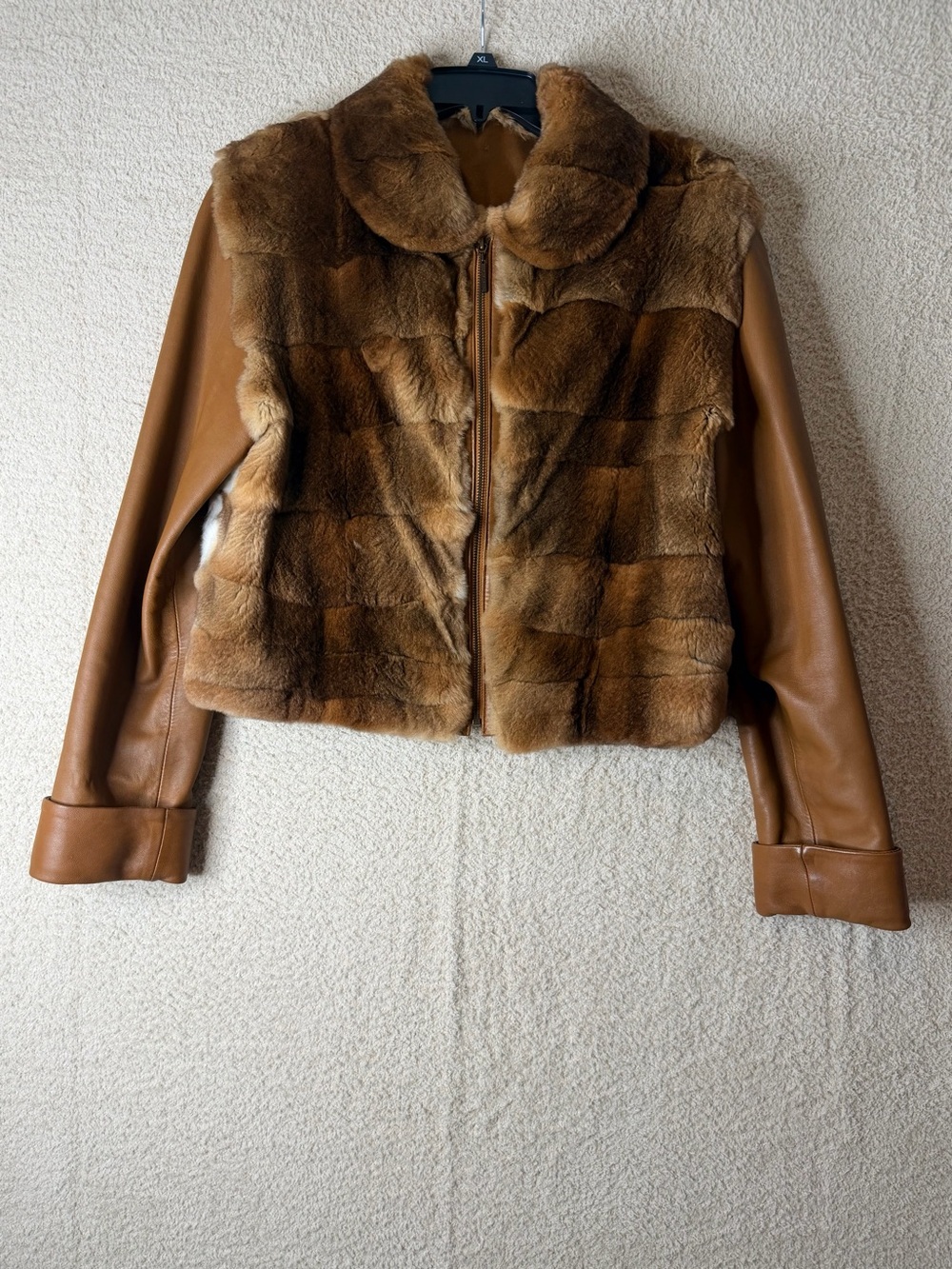 Vintage Chinchilla Fur & Leather Jacket Brown Cropped Zip Coat Women’s M